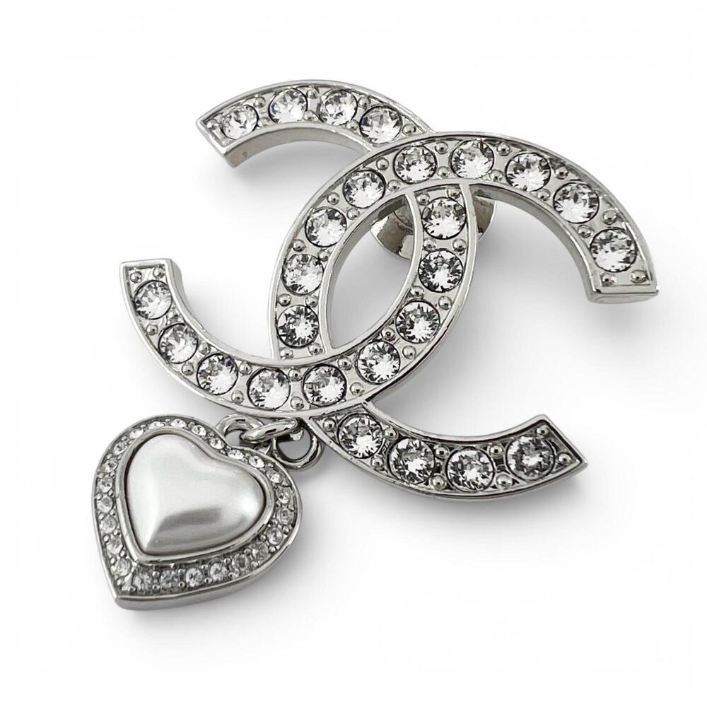 CHANEL B23 Coco Mark Heart Rhinestone Pin Badge Brooch, Silver, Made in Italy...